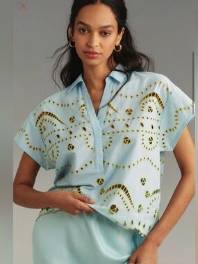 Maeve Short-Sleeve Boxy Eyelet Popover Blouse Anthropologie